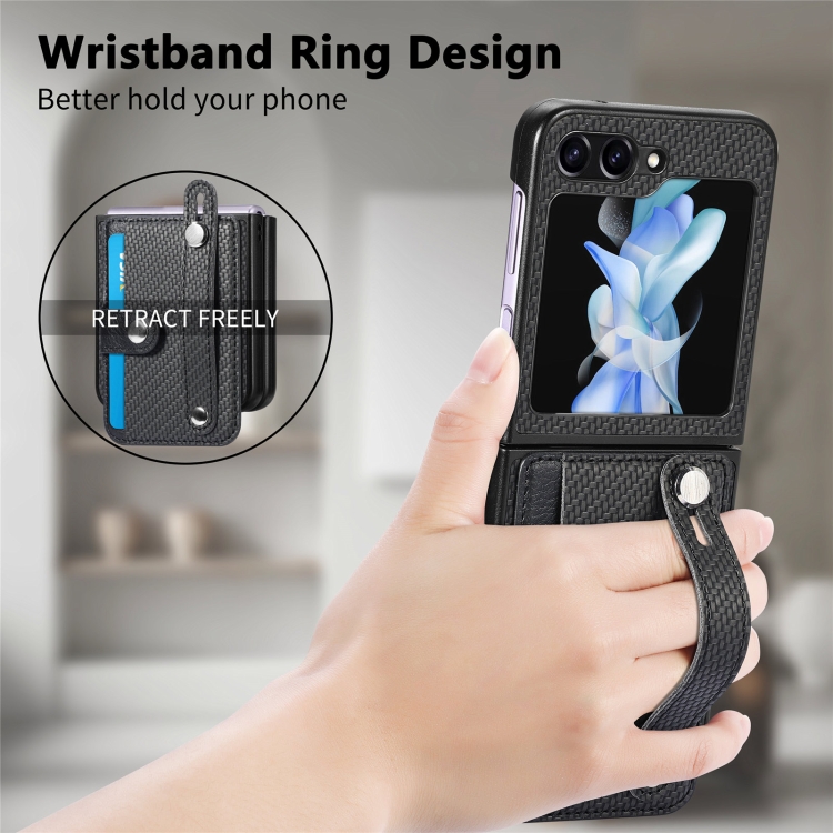 For Samsung Galaxy Z Flip6 Wristband Kickstand Card Wallet Back Cover Phone Case(Black) For Samsung Galaxy Z Flip6 Wristband Kickstand Card Wallet Back Cover Phone Case(Black)