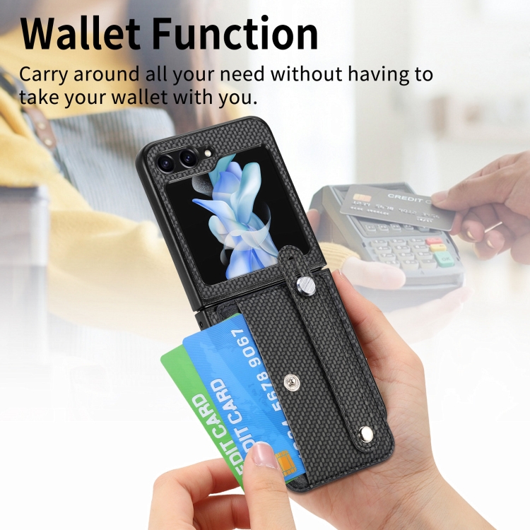 For Samsung Galaxy Z Flip6 Wristband Kickstand Card Wallet Back Cover Phone Case(Black) For Samsung Galaxy Z Flip6 Wristband Kickstand Card Wallet Back Cover Phone Case(Black)