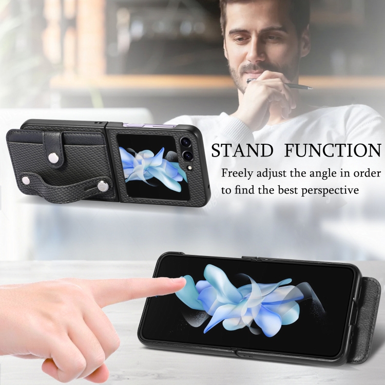 For Samsung Galaxy Z Flip6 Wristband Kickstand Card Wallet Back Cover Phone Case(Black) For Samsung Galaxy Z Flip6 Wristband Kickstand Card Wallet Back Cover Phone Case(Black)