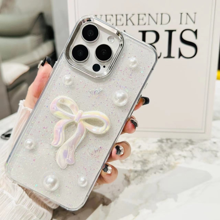 For iPhone 16 3D Bow Pearl Love Flower TPU Phone Case(Pearl Bow)