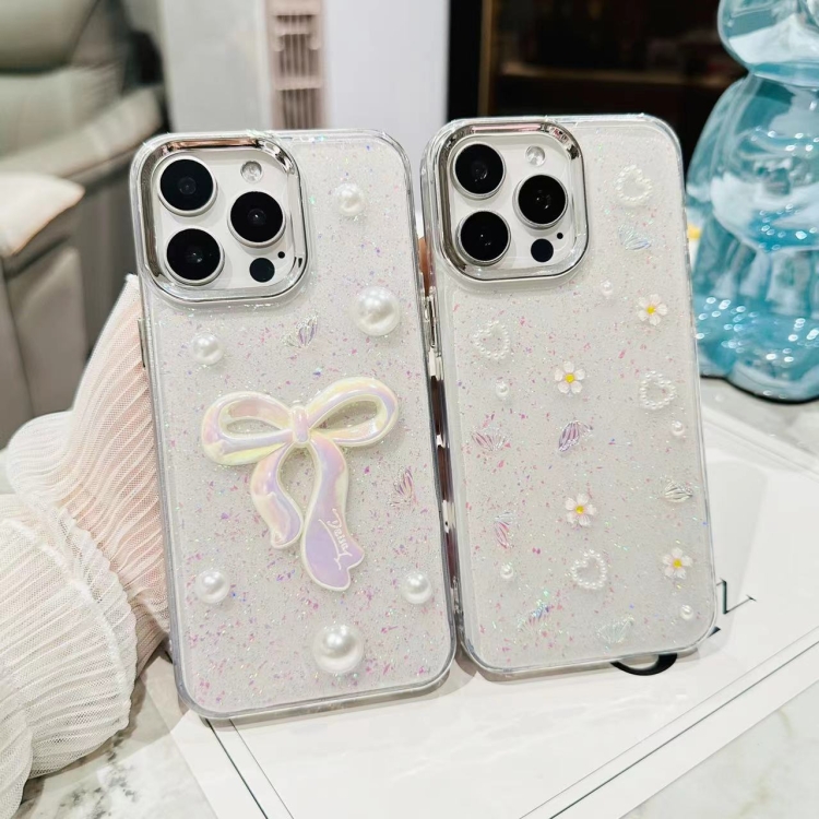 For iPhone 16 3D Bow Pearl Love Flower TPU Phone Case(Pearl Bow)