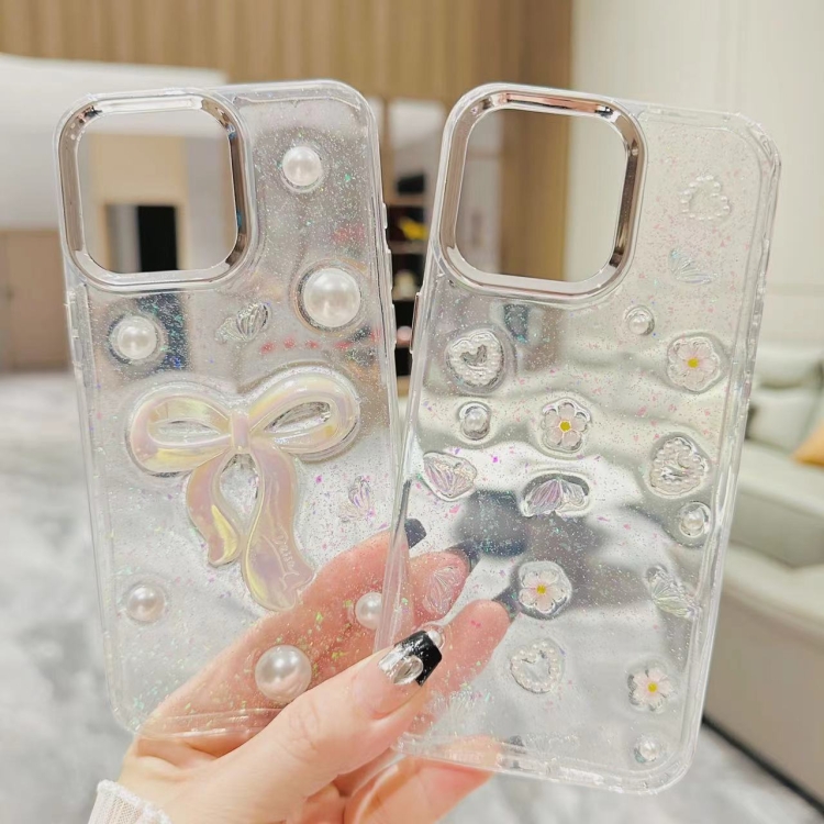 For iPhone 16 3D Bow Pearl Love Flower TPU Phone Case(Pearl Bow)