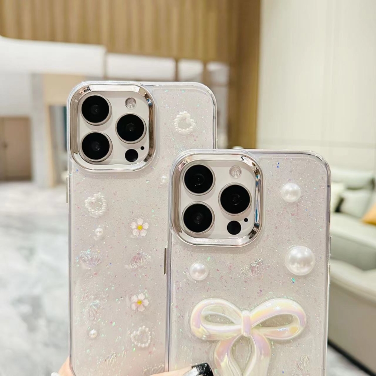 For iPhone 16 3D Bow Pearl Love Flower TPU Phone Case(Pearl Bow)