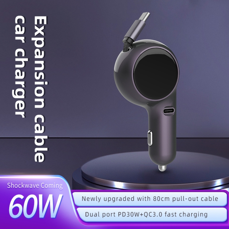 K2 With 60W Type-C Retractable Cable Type-C Port Phone Fast Charging Adapter Car Charger K2 With 60W Type-C Retractable Cable Type-C Port Phone Fast Charging Adapter Car Charger