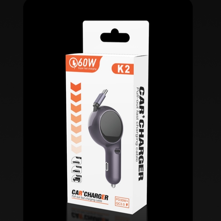 K2 With 60W Type-C Retractable Cable Type-C Port Phone Fast Charging Adapter Car Charger K2 With 60W Type-C Retractable Cable Type-C Port Phone Fast Charging Adapter Car Charger