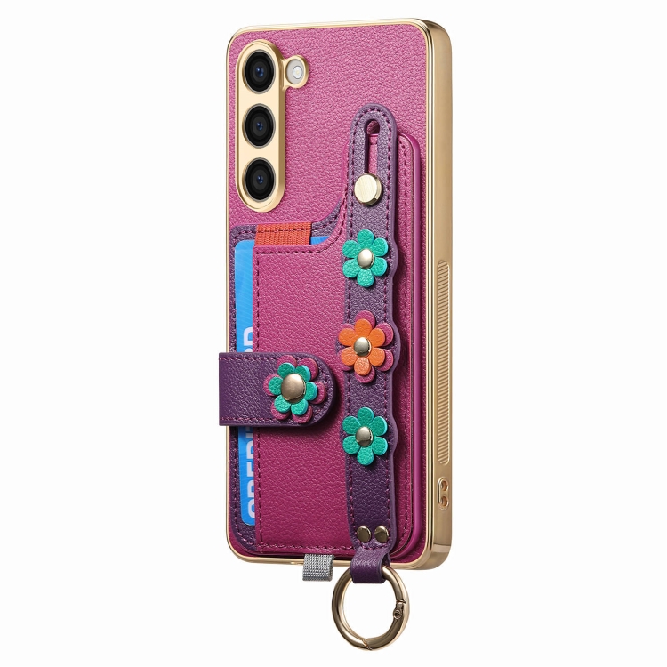 For Samsung Galaxy S23+ 5G Stereoscopic Flowers Wristband Card Bag Phone Case(Purple)