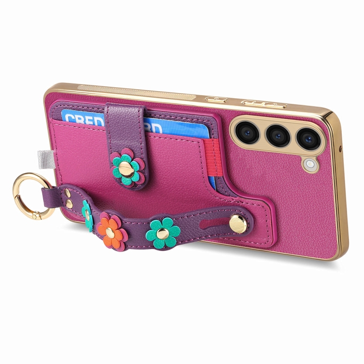 For Samsung Galaxy S23+ 5G Stereoscopic Flowers Wristband Card Bag Phone Case(Purple)