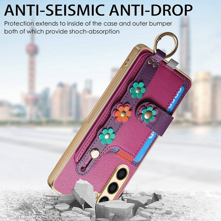 For Samsung Galaxy S23+ 5G Stereoscopic Flowers Wristband Card Bag Phone Case(Purple)