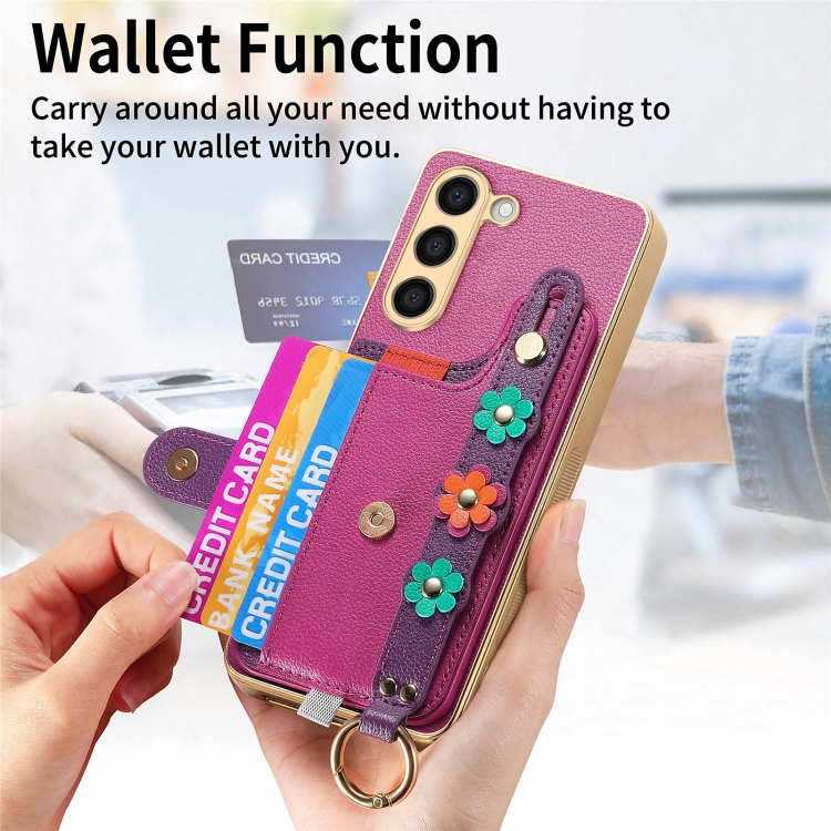 For Samsung Galaxy S23+ 5G Stereoscopic Flowers Wristband Card Bag Phone Case(Purple)
