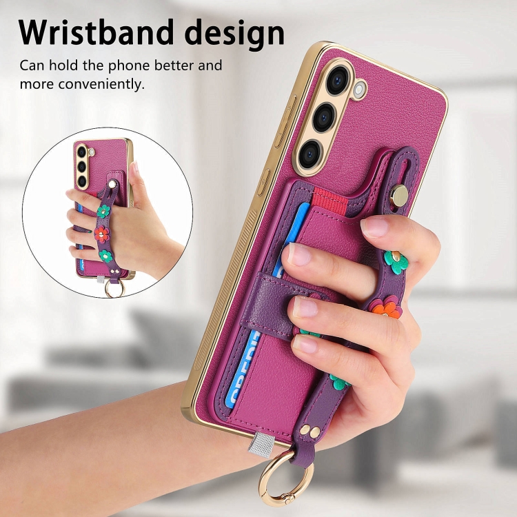 For Samsung Galaxy S23+ 5G Stereoscopic Flowers Wristband Card Bag Phone Case(Purple)