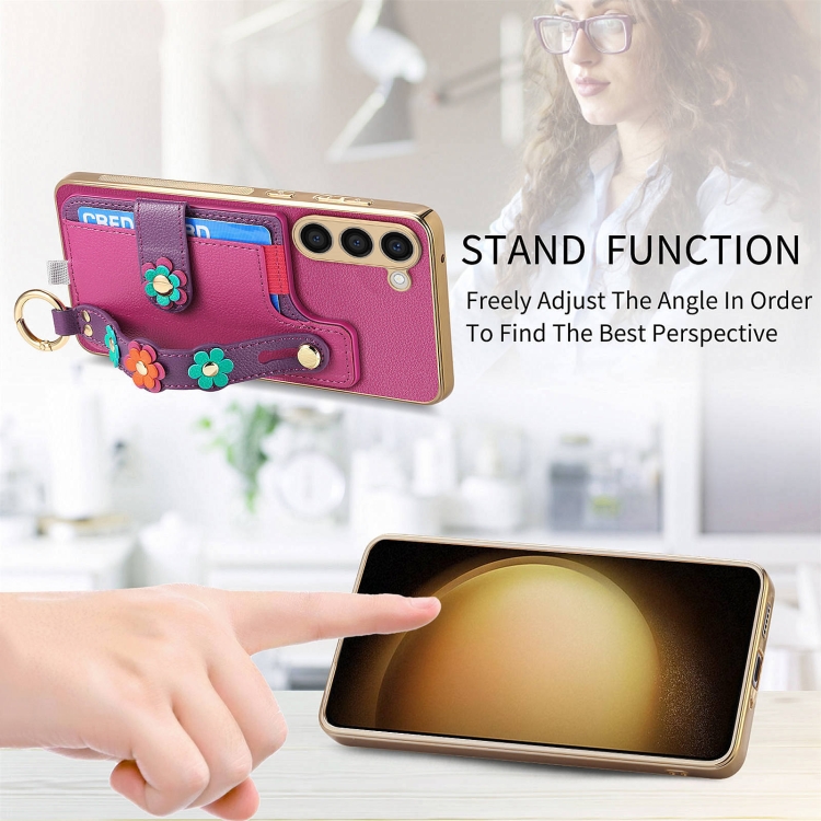 For Samsung Galaxy S23+ 5G Stereoscopic Flowers Wristband Card Bag Phone Case(Purple)