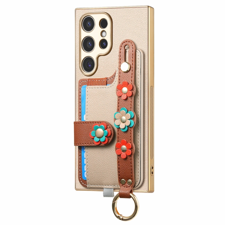 For Samsung Galaxy S23 Ultra 5G Stereoscopic Flowers Wristband Card Bag Phone Case(Khaki) For Samsung Galaxy S23 Ultra 5G Stereoscopic Flowers Wristband Card Bag Phone Case(Khaki)