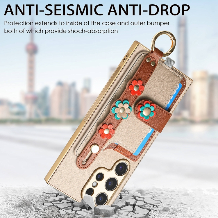 For Samsung Galaxy S23 Ultra 5G Stereoscopic Flowers Wristband Card Bag Phone Case(Khaki) For Samsung Galaxy S23 Ultra 5G Stereoscopic Flowers Wristband Card Bag Phone Case(Khaki)