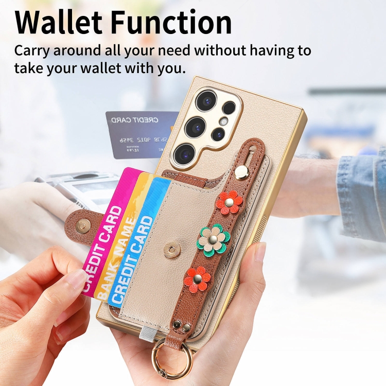 For Samsung Galaxy S23 Ultra 5G Stereoscopic Flowers Wristband Card Bag Phone Case(Khaki) For Samsung Galaxy S23 Ultra 5G Stereoscopic Flowers Wristband Card Bag Phone Case(Khaki)