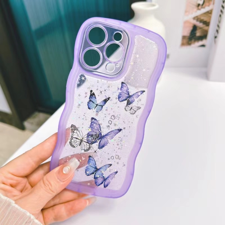 For iPhone 12 Wave Edge Butterfly TPU Hybrid PC Phone Case(Purple)
