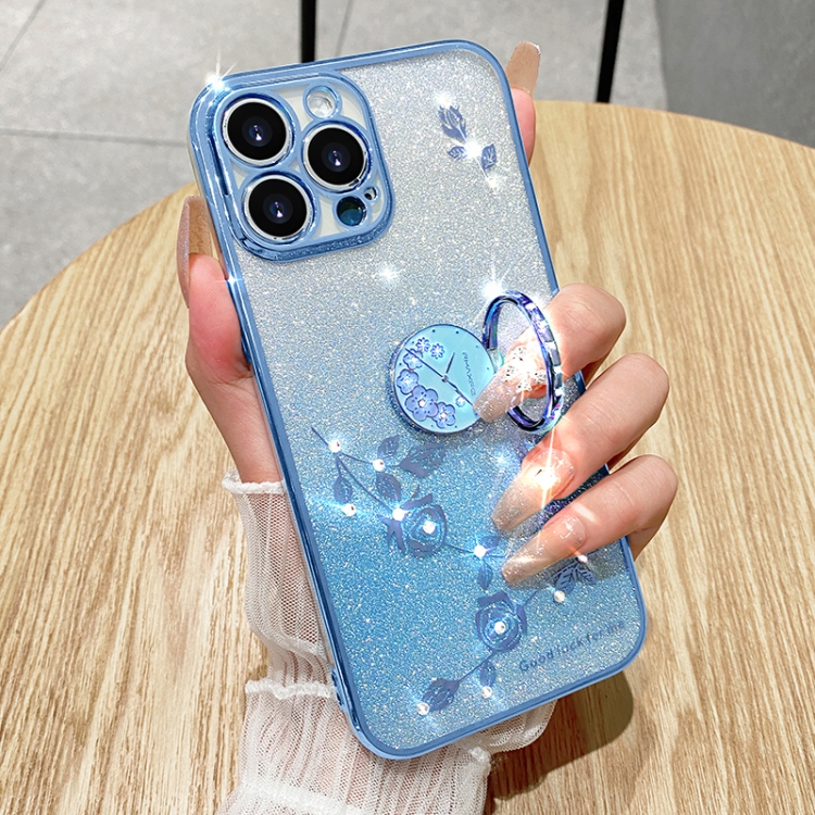 For iPhone 16 Pro Max Gradient Glitter Immortal Flower Ring All-inclusive Phone Case(Blue)
