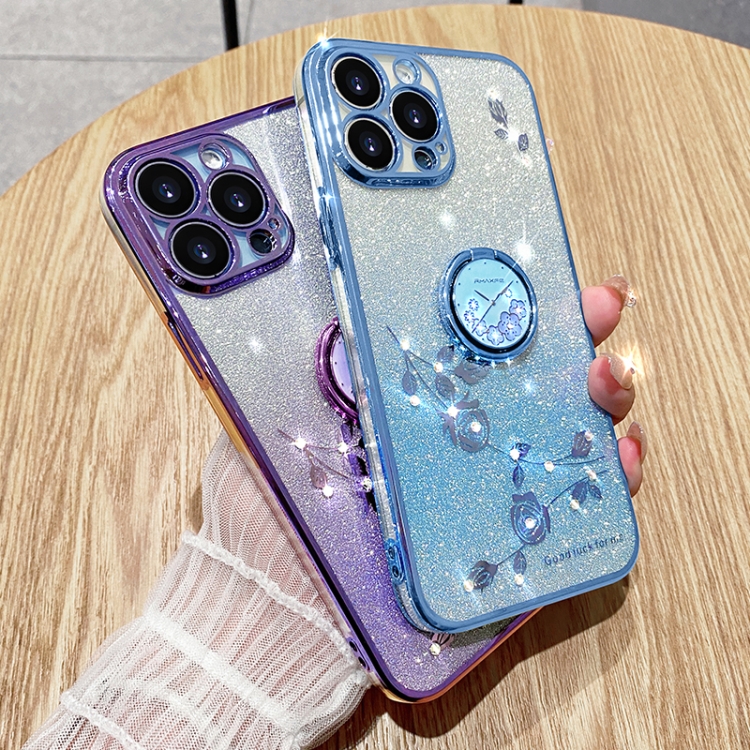 For iPhone 16 Pro Max Gradient Glitter Immortal Flower Ring All-inclusive Phone Case(Blue)