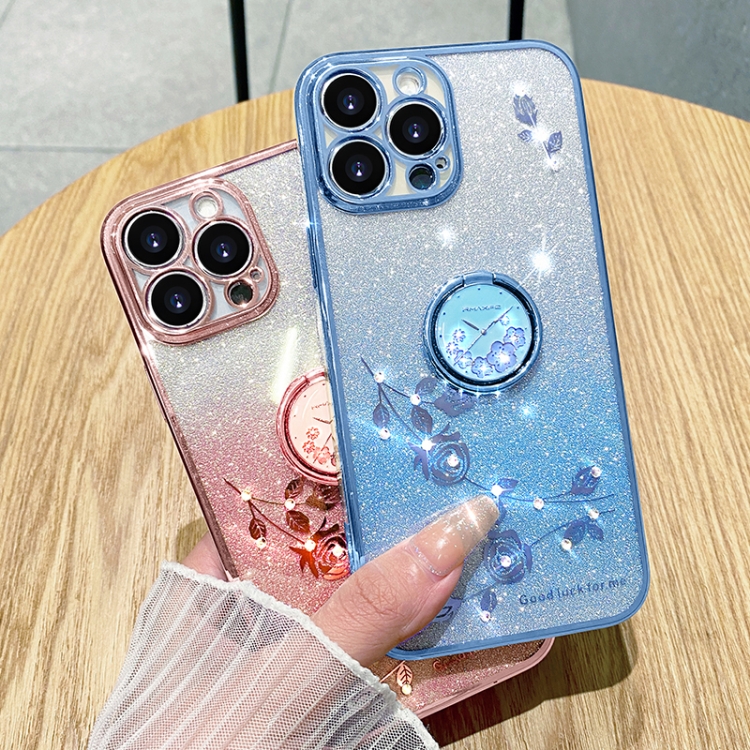 For iPhone 16 Pro Max Gradient Glitter Immortal Flower Ring All-inclusive Phone Case(Blue)