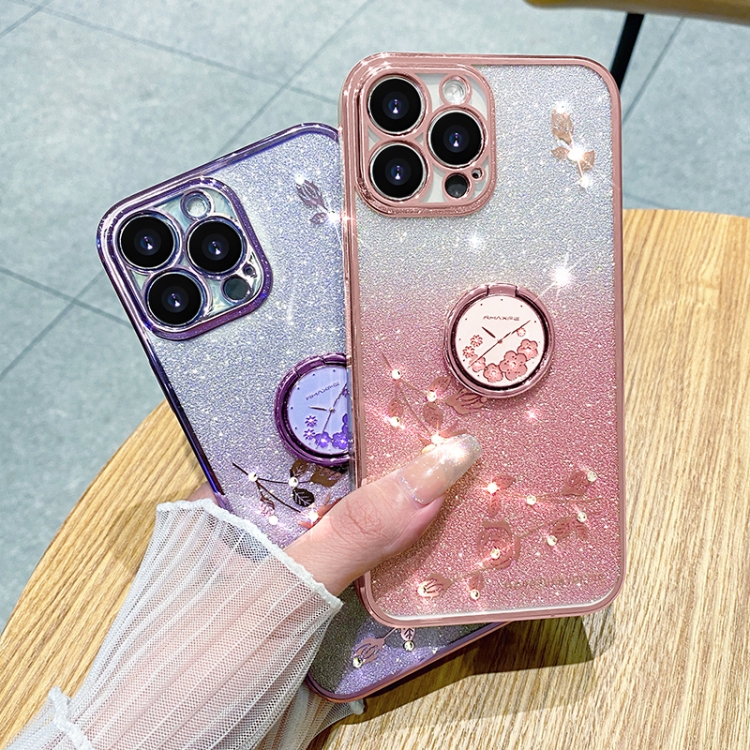 For iPhone 16 Pro Max Gradient Glitter Immortal Flower Ring All-inclusive Phone Case(Blue)
