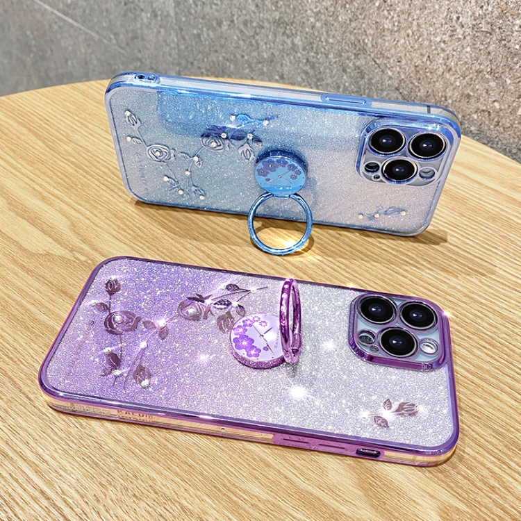 For iPhone 16 Pro Max Gradient Glitter Immortal Flower Ring All-inclusive Phone Case(Blue)