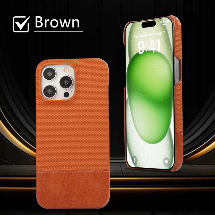 For iPhone 16 Stitching Cloth PU Shockproof Phone Case(Brown) For iPhone 16 Stitching Cloth PU Shockproof Phone Case(Brown)