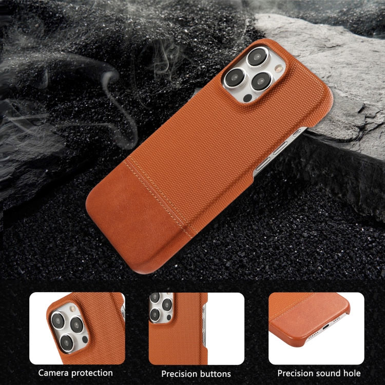 For iPhone 16 Stitching Cloth PU Shockproof Phone Case(Brown) For iPhone 16 Stitching Cloth PU Shockproof Phone Case(Brown)