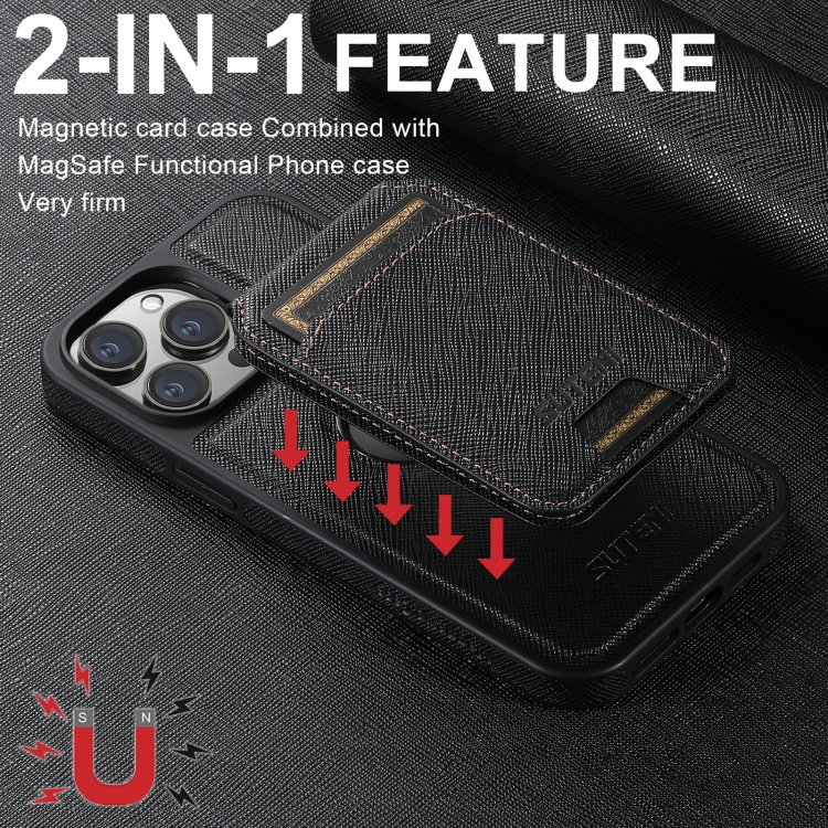 For iPhone 14 Suteni M2 Cross-Grain MagSafe Vertical Card Back Phone Case(Black) - 1