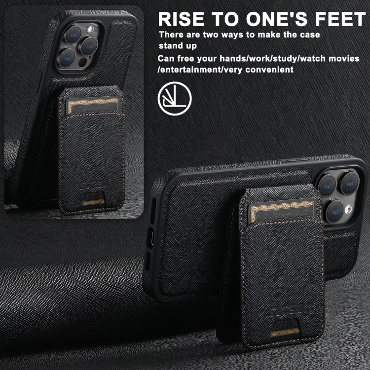 For iPhone 14 Suteni M2 Cross-Grain MagSafe Vertical Card Back Phone Case(Black) - 2