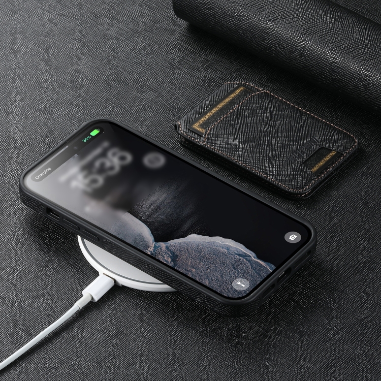 For iPhone 16 Pro Suteni M2 Cross-Grain MagSafe Vertical Card Back Phone Case(Black) For iPhone 16 Pro Suteni M2 Cross-Grain MagSafe Vertical Card Back Phone Case(Black)