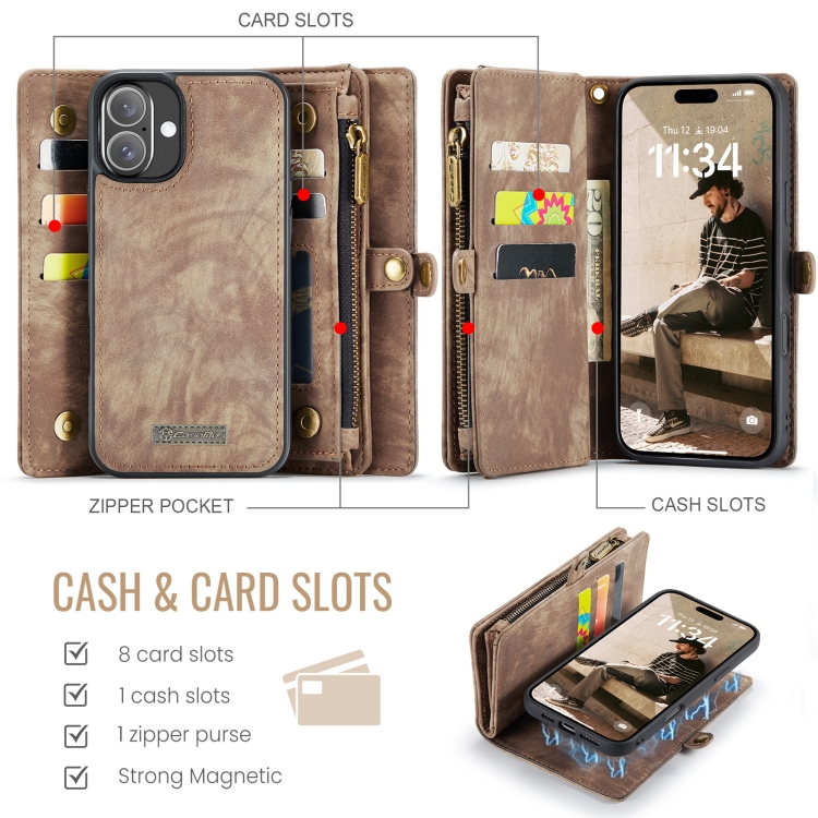 For iPhone 16 CaseMe 008 Detachable Multifunctional Leather Phone Case(Brown) For iPhone 16 CaseMe 008 Detachable Multifunctional Leather Phone Case(Brown)