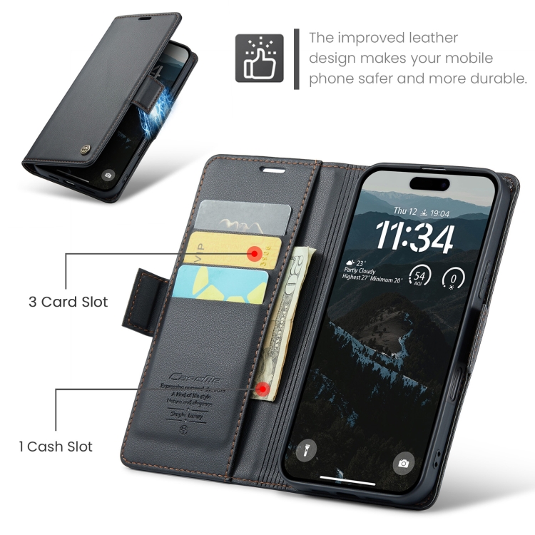 For iPhone 16 CaseMe 023 Butterfly Buckle Litchi Texture RFID Anti-theft Leather Phone Case(Black) For iPhone 16 CaseMe 023 Butterfly Buckle Litchi Texture RFID Anti-theft Leather Phone Case(Black)
