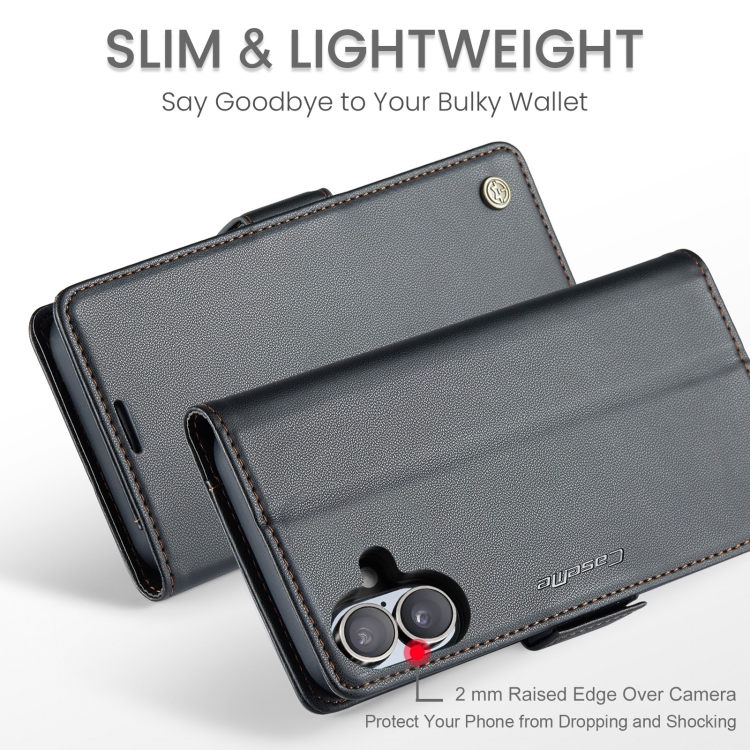 For iPhone 16 CaseMe 023 Butterfly Buckle Litchi Texture RFID Anti-theft Leather Phone Case(Black) For iPhone 16 CaseMe 023 Butterfly Buckle Litchi Texture RFID Anti-theft Leather Phone Case(Black)
