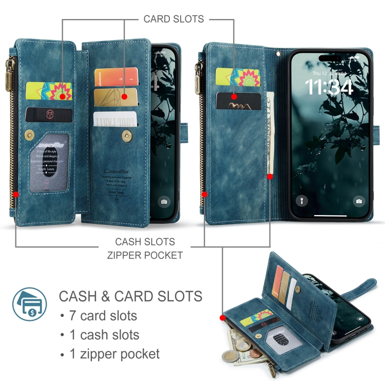 For iPhone 16 Pro CaseMe C30 Card Slots Zipper Wallet Leather Phone Case(Blue) For iPhone 16 Pro CaseMe C30 Card Slots Zipper Wallet Leather Phone Case(Blue)