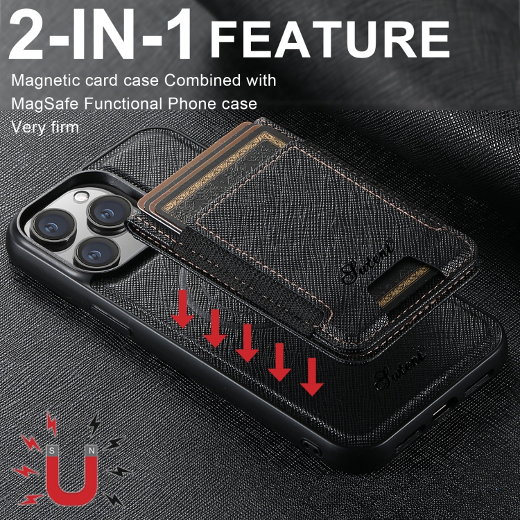 For iPhone 15 Pro Max Suteni H17 Cross Grain Leather MagSafe Detachable Wallet Phone Case(Black) For iPhone 15 Pro Max Suteni H17 Cross Grain Leather MagSafe Detachable Wallet Phone Case(Black)