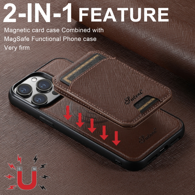 For iPhone 15 Plus Suteni H18 Cross Grain MagSafe Wallet Leather Phone Case(Brown)