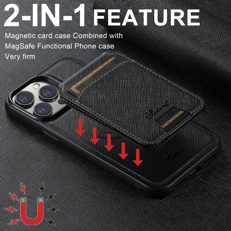 For iPhone 15 Suteni H18 Cross Grain MagSafe Wallet Leather Phone Case(Black)