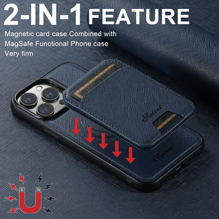 For iPhone 13 Pro Max Suteni H18 Cross Grain MagSafe Wallet Leather Phone Case(Blue)