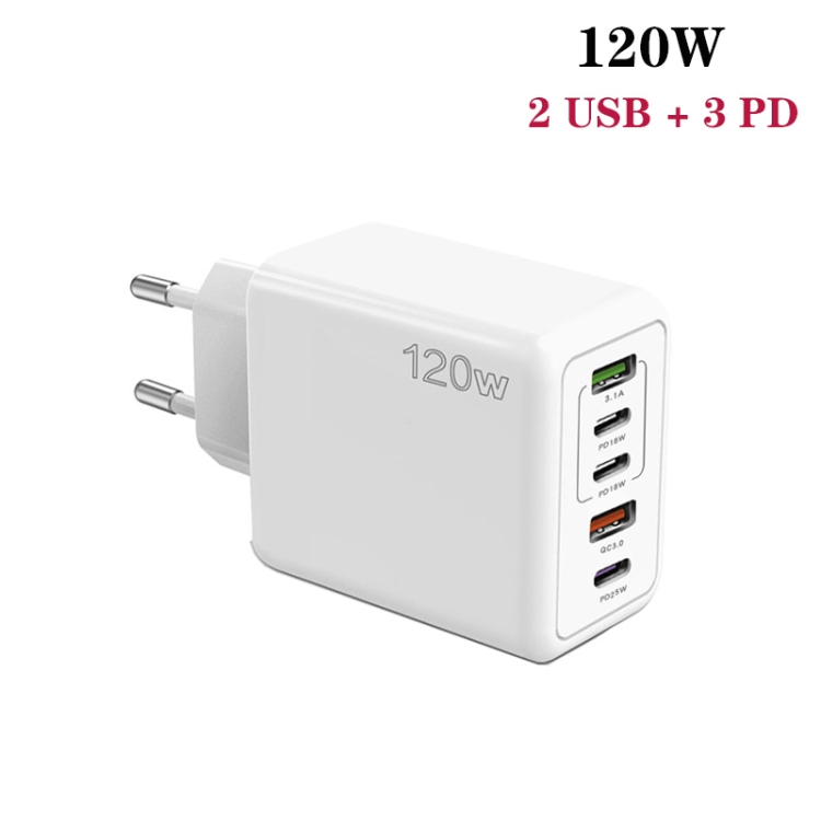 120W 3 PD Type-C Dual USB Multi Port Charger for Mobile Phones, EU Plug(WHite)