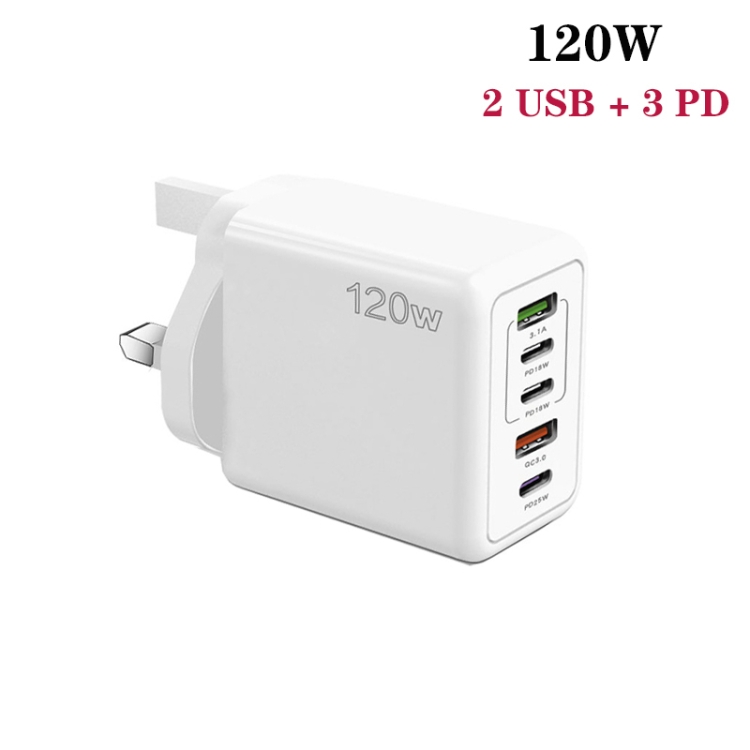 120W 3 PD Type-C Dual USB Multi Port Charger for Mobile Phones, UK Plug(White)