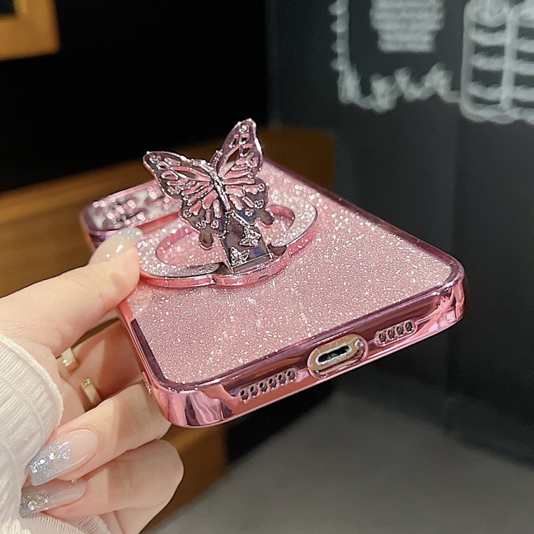 For iPhone 13 Pro Max Plating Glitter Butterfly Holder Phone Case