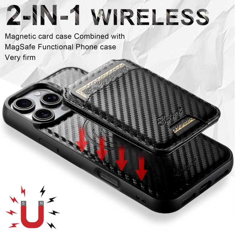 For iPhone 16 Suteni TXWH18 Carbon Fiber Texture Detachable Wallet MagSafe Phone Case(Black) For iPhone 16 Suteni TXWH18 Carbon Fiber Texture Detachable Wallet MagSafe Phone Case(Black)