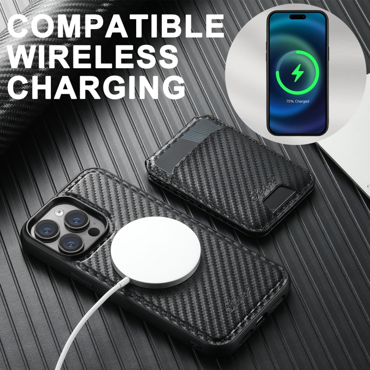 For iPhone 16 Suteni TXWH18 Carbon Fiber Texture Detachable Wallet MagSafe Phone Case(Black) For iPhone 16 Suteni TXWH18 Carbon Fiber Texture Detachable Wallet MagSafe Phone Case(Black)