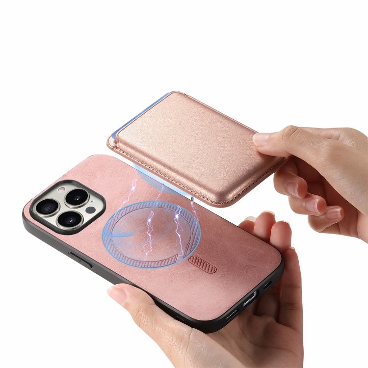 For iPhone 16 Pro Retro Magsafe Card Bag PU Back Cover Phone Case(Pink) For iPhone 16 Pro Retro Magsafe Card Bag PU Back Cover Phone Case(Pink)