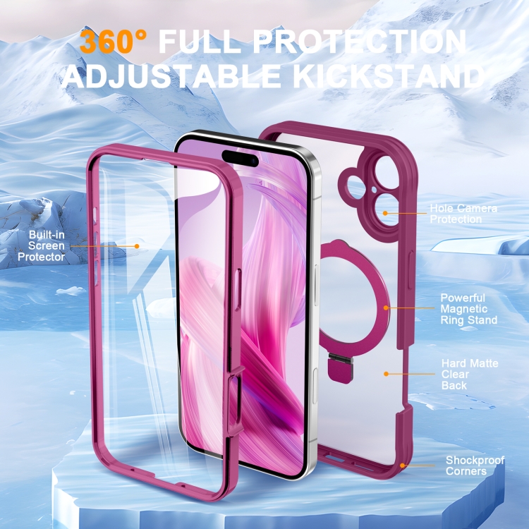 For iPhone 16 Plus Skin Feel MagSafe Holder 360 Full Body Phone Case(Rose Red) For iPhone 16 Plus Skin Feel MagSafe Holder 360 Full Body Phone Case(Rose Red)