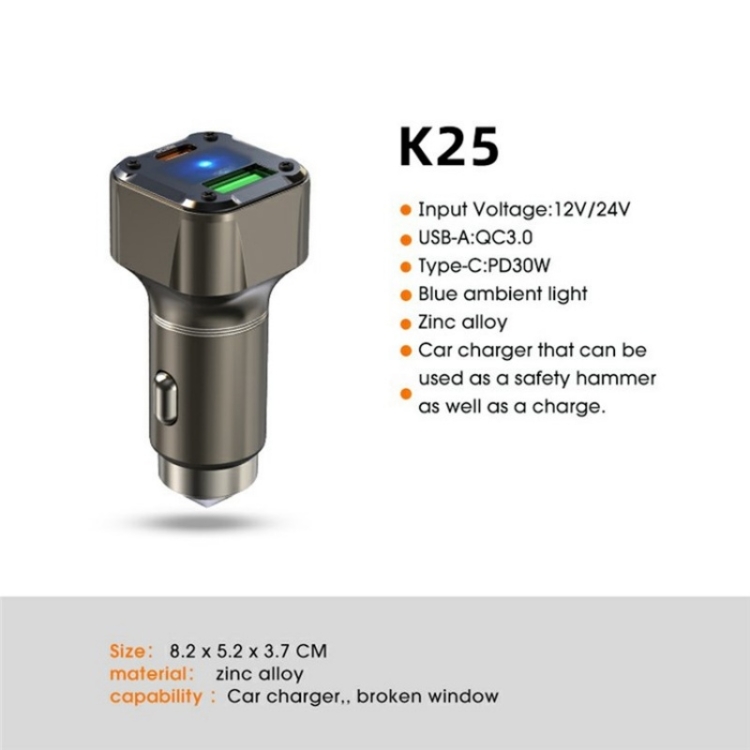 K25 Fast Charging Metal Window Breaker Car Charger Adapter PD 30W Super Charger K25 Fast Charging Metal Window Breaker Car Charger Adapter PD 30W Super Charger