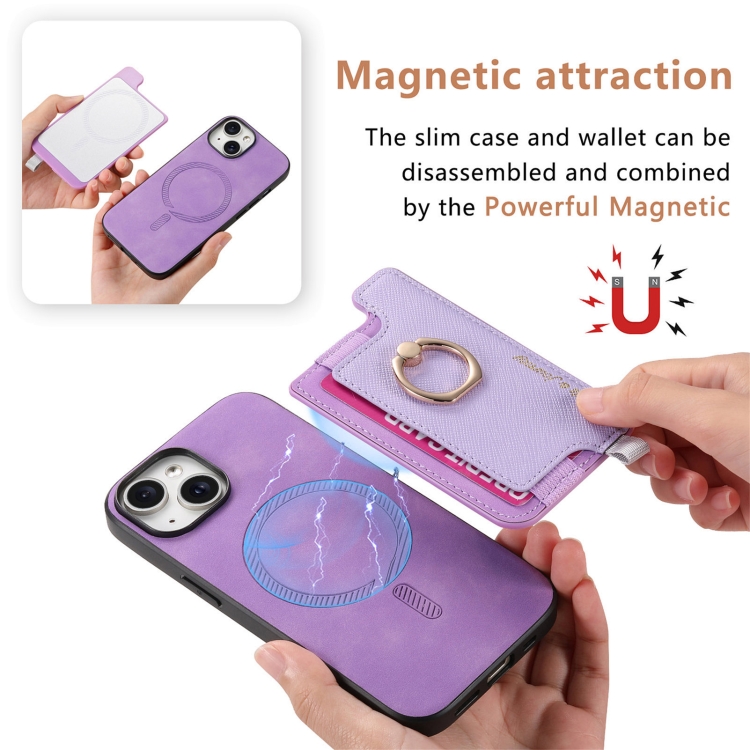 For iPhone 14 Plus Retro Magsafe Cross Leather Ring Holder Card Bag Phone Case(Purple) For iPhone 14 Plus Retro Magsafe Cross Leather Ring Holder Card Bag Phone Case(Purple)