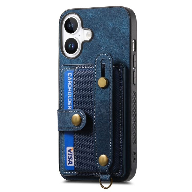For iPhone 16 Plus Retro Cross Wristband Wallet Leather Back Phone Case(Blue) For iPhone 16 Plus Retro Cross Wristband Wallet Leather Back Phone Case(Blue)