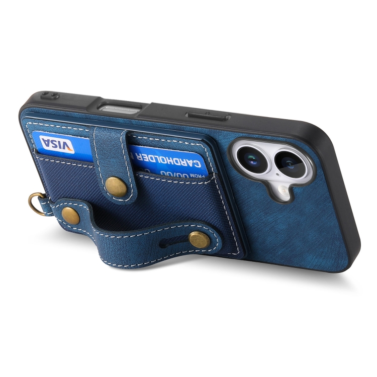 For iPhone 16 Plus Retro Cross Wristband Wallet Leather Back Phone Case(Blue) For iPhone 16 Plus Retro Cross Wristband Wallet Leather Back Phone Case(Blue)