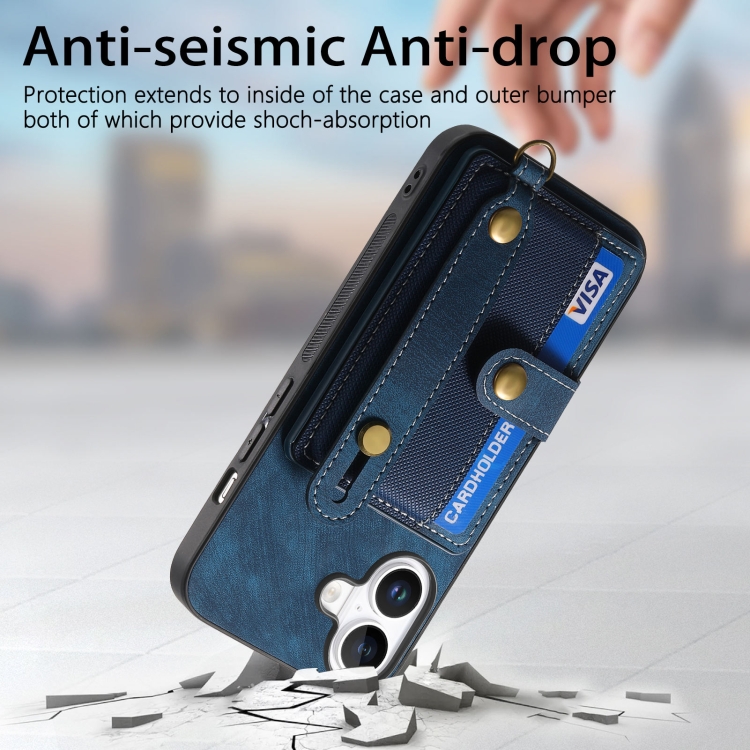 For iPhone 16 Plus Retro Cross Wristband Wallet Leather Back Phone Case(Blue) For iPhone 16 Plus Retro Cross Wristband Wallet Leather Back Phone Case(Blue)