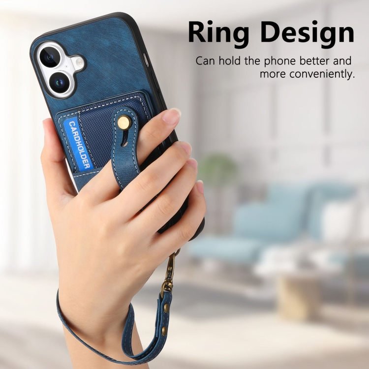For iPhone 16 Plus Retro Cross Wristband Wallet Leather Back Phone Case(Blue) For iPhone 16 Plus Retro Cross Wristband Wallet Leather Back Phone Case(Blue)